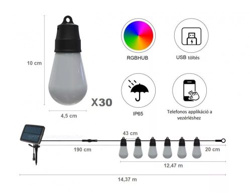 Smart fényfüzér, 30 db villanykörte izzó, 14,37 m