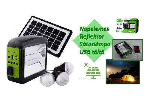 Hordozható napelemes LED lámpa Reflektor USB töltő 3 db izzóval