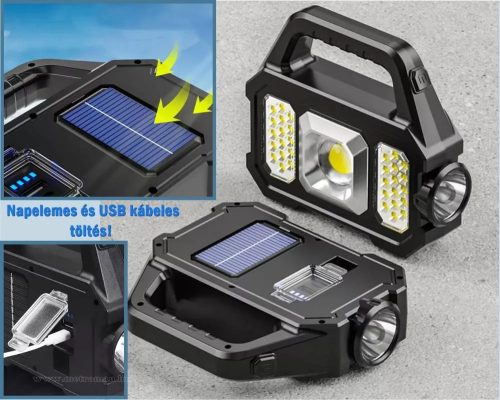 Kézi akkumulátoros COBLED lámpa reflektor napelemes töltéssel