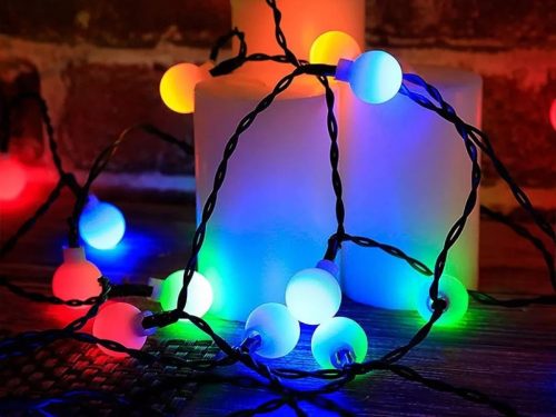 Kültéri napelemes fényfüzér, gömb kerti LED hangulat világítás