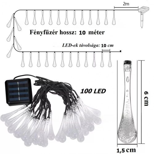 Kültéri napelemes LED esőcsepp fényfüzér 10m , 100db LED