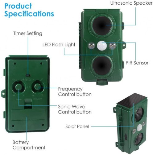 Ultrahangos és nyomáshullám napelemes Multi Frekvenciás kisállat riasztó