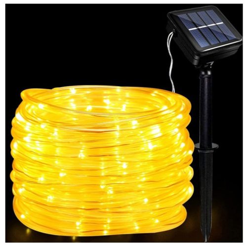 Napelemes LED fényfüzér, 100 db LED, 12 méter hosszú, 8 program, 2 méteres hosszabbító kábel, meleg fehér