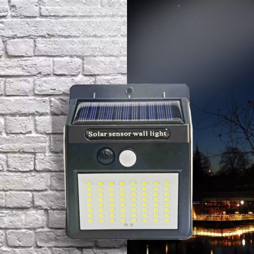 Napelemes kültéri, falra szerelhető, mozgásérzékelős lámpa, 64 LED