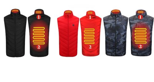 Fűthető Uniszex mellény, 2 fűtési zóna, pamut töltet, 3 hőmérsékleti beállítás, USB töltés, piros, fekete, terepmintás, M-XXXL méret