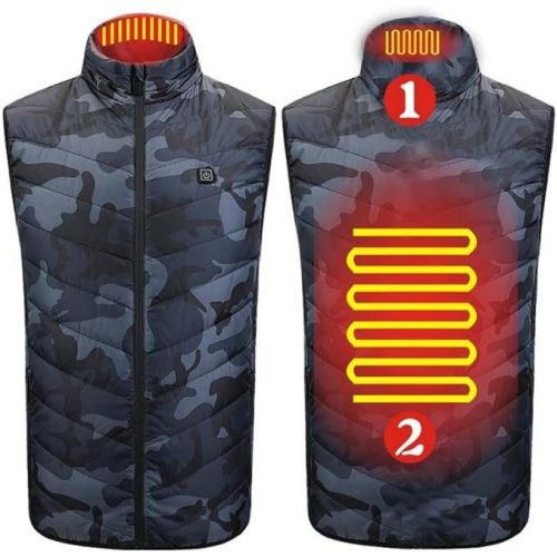 Fűthető Uniszex mellény, 2 fűtési zóna, pamut töltet, 3 hőmérsékleti beállítás, USB töltés, piros, fekete, terepmintás, M-XXXL méret